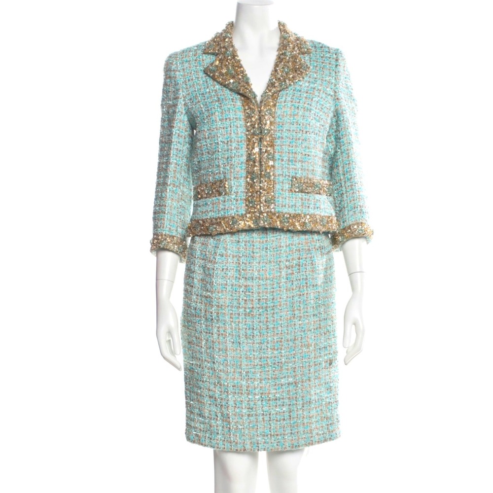 Vintage Escada 2-piece Dress Suit Sequin Embellished Tweed Turquoise Womens 40